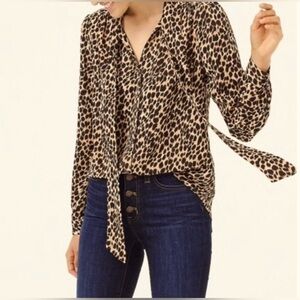 J. Crew long-sleeve button front leopard drapey tie-neck top